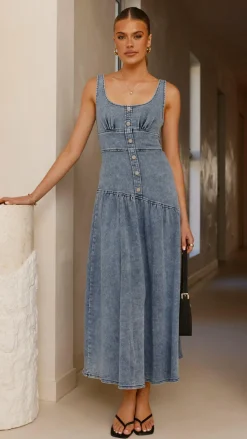 LILYWHYT The Denim Edit|Dresses^Generosa Button Front Maxi Dress - Mid Blue Denim