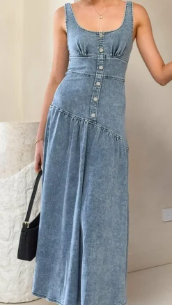 LILYWHYT The Denim Edit|Dresses^Generosa Button Front Maxi Dress - Mid Blue Denim