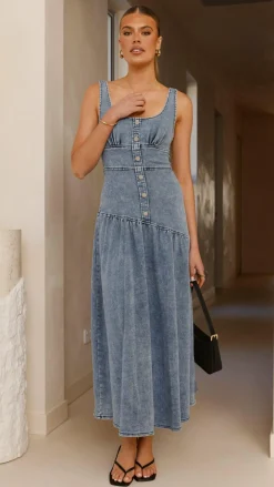 LILYWHYT The Denim Edit|Dresses^Generosa Button Front Maxi Dress - Mid Blue Denim