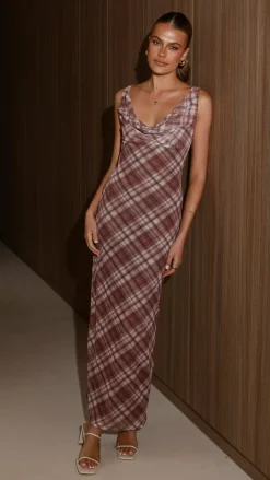 Pink Diamond Dresses|Maxi^Harena Off Shoulder Maxi Dress - Brown Plaid Print