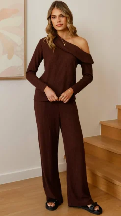 By Frankie Knit Tops|Knitwear^Harini Off Shoulder Long Sleeve Top and Pants Set - Chocolate