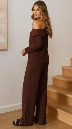By Frankie Knit Tops|Knitwear^Harini Off Shoulder Long Sleeve Top and Pants Set - Chocolate