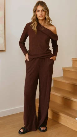 By Frankie Knit Tops|Knitwear^Harini Off Shoulder Long Sleeve Top and Pants Set - Chocolate