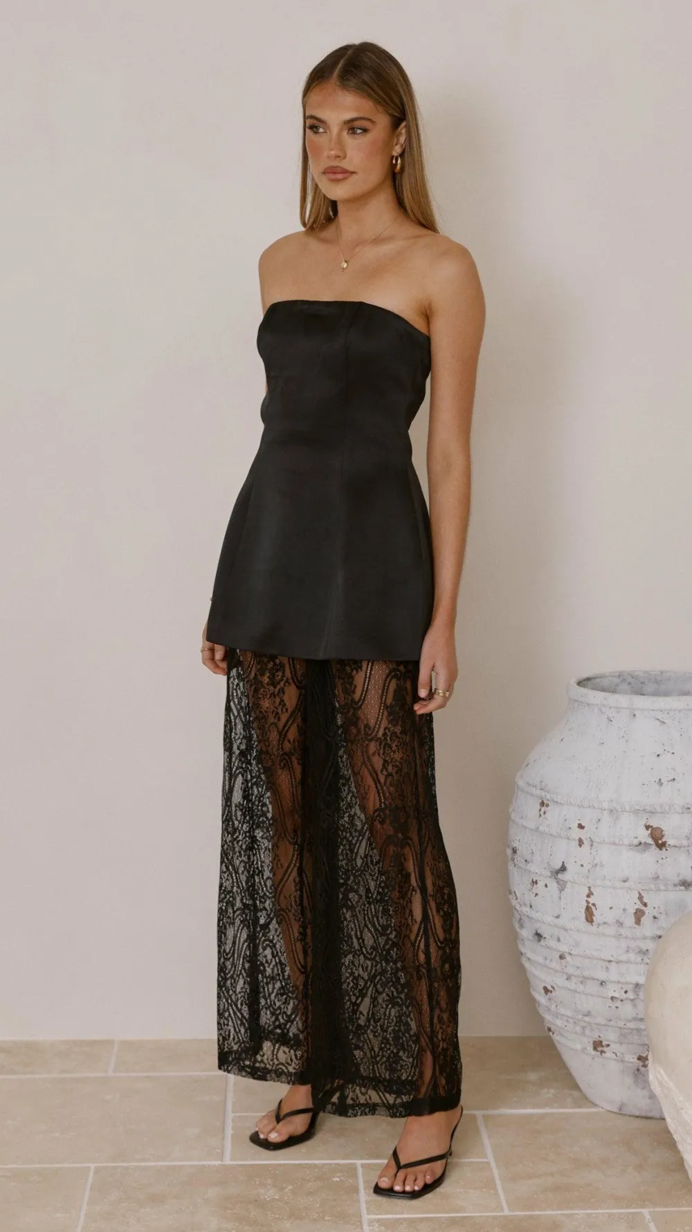 Main St Sets|Bottoms^Harlean Strapless Top and Lace Pants Set - Black