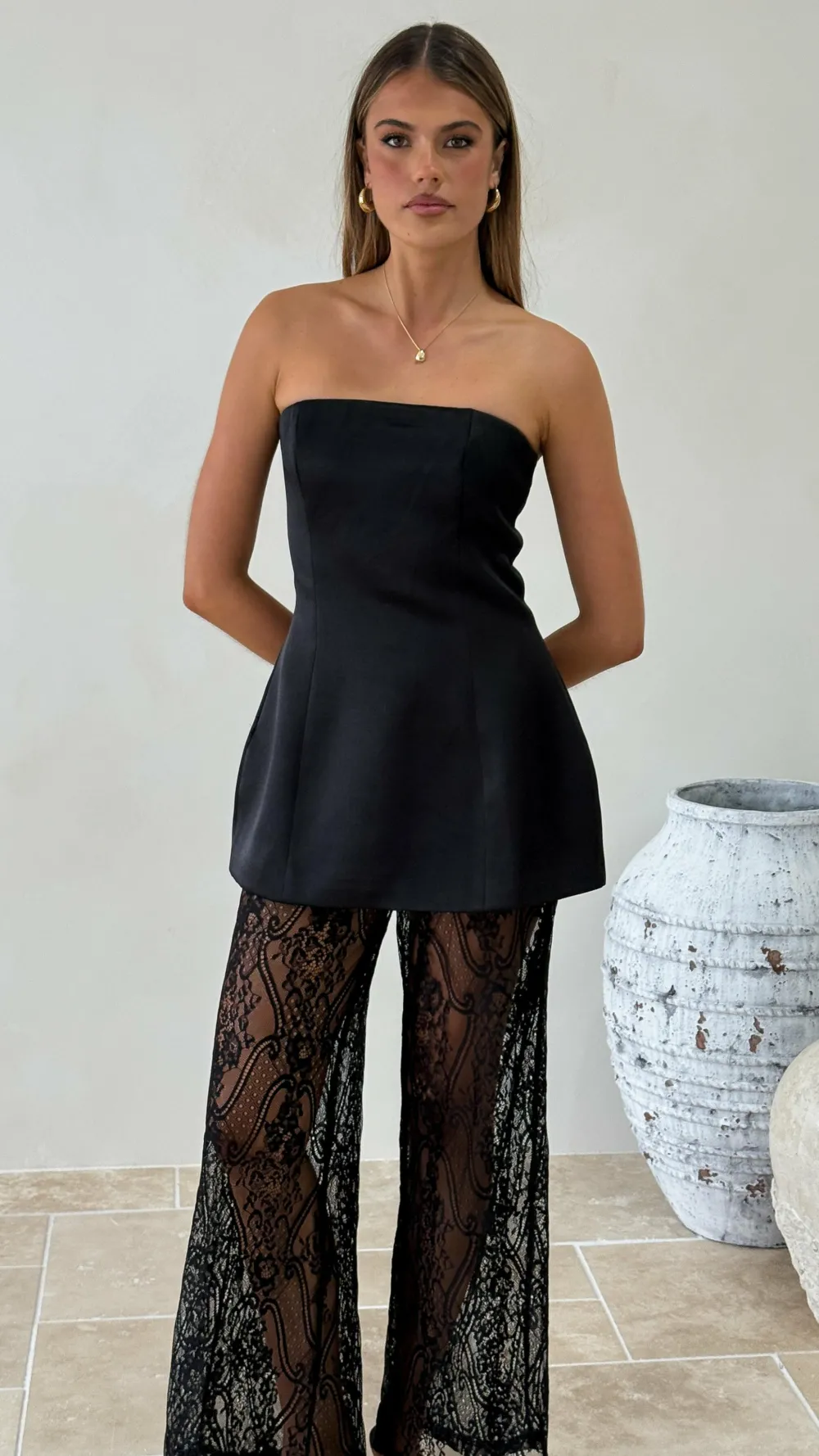 Main St Sets|Bottoms^Harlean Strapless Top and Lace Pants Set - Black
