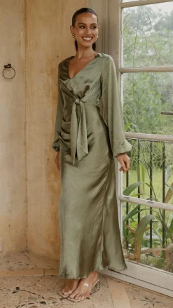 LILYWHYT Mon Cheri|Dresses^Ivy Long Sleeve Tie Front Maxi Dress - Olive
