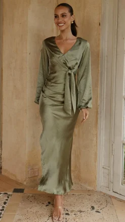 LILYWHYT Mon Cheri|Dresses^Ivy Long Sleeve Tie Front Maxi Dress - Olive