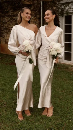 LILYWHYT Mon Cheri|Dresses^Ivy Long Sleeve Tie Front Maxi Dress - Champagne