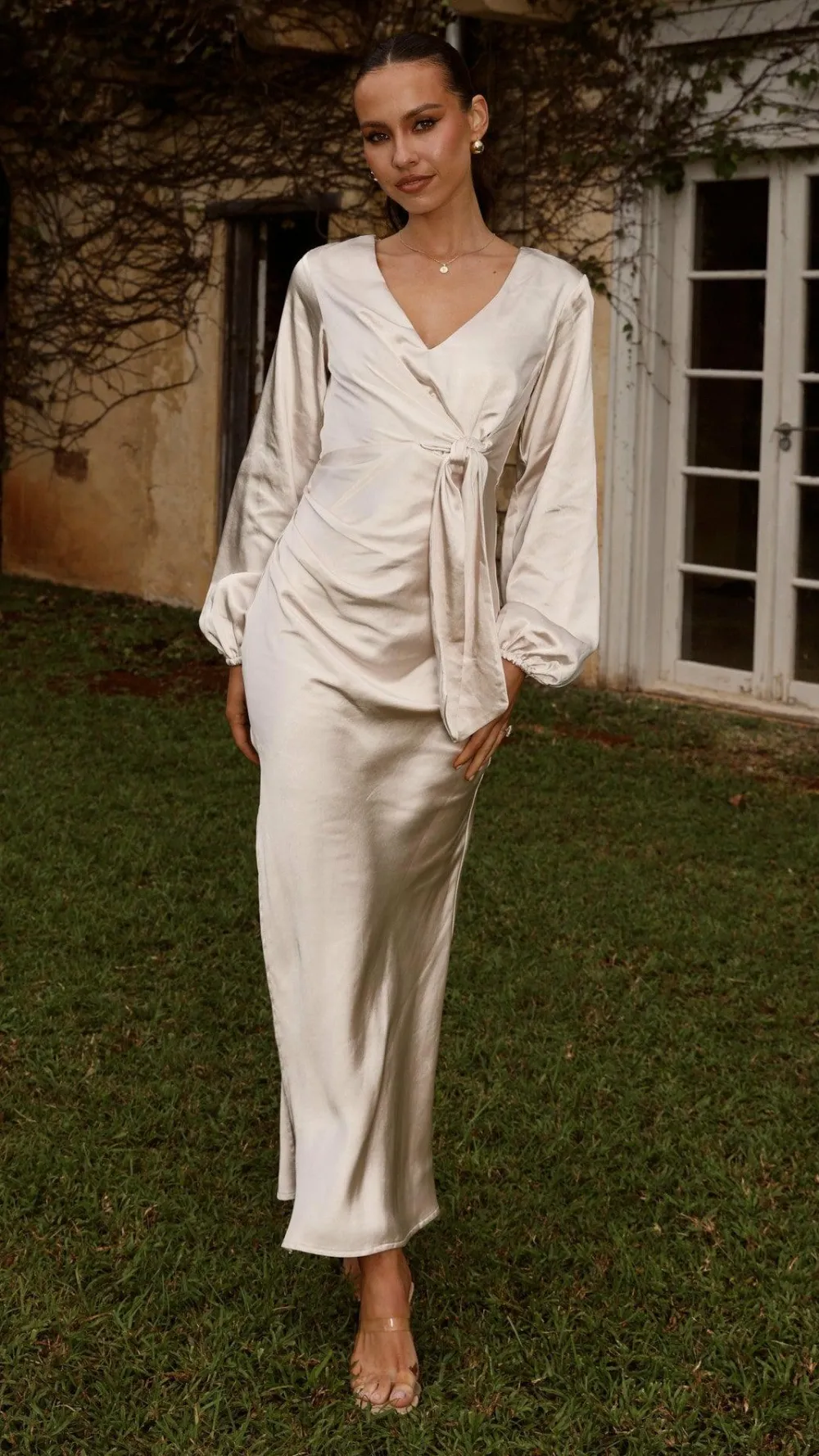 LILYWHYT Mon Cheri|Dresses^Ivy Long Sleeve Tie Front Maxi Dress - Champagne