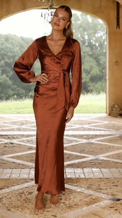 LILYWHYT Mon Cheri|Dresses^Ivy Long Sleeve Tie Front Maxi Dress - Rust