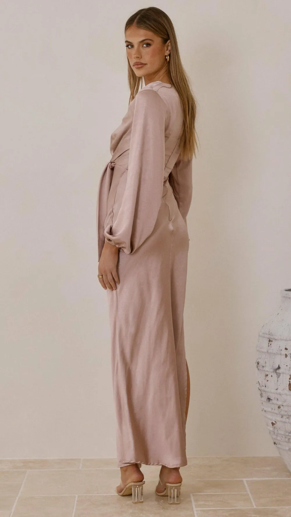 LILYWHYT Mon Cheri|Dresses^Ivy Long Sleeve Tie Front Maxi Dress - Dusty Pink