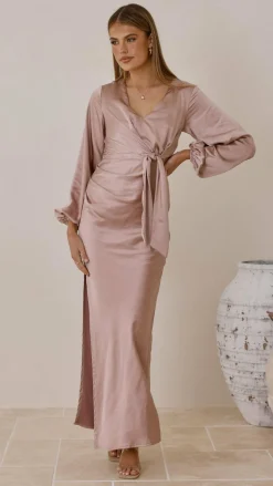 LILYWHYT Mon Cheri|Dresses^Ivy Long Sleeve Tie Front Maxi Dress - Dusty Pink