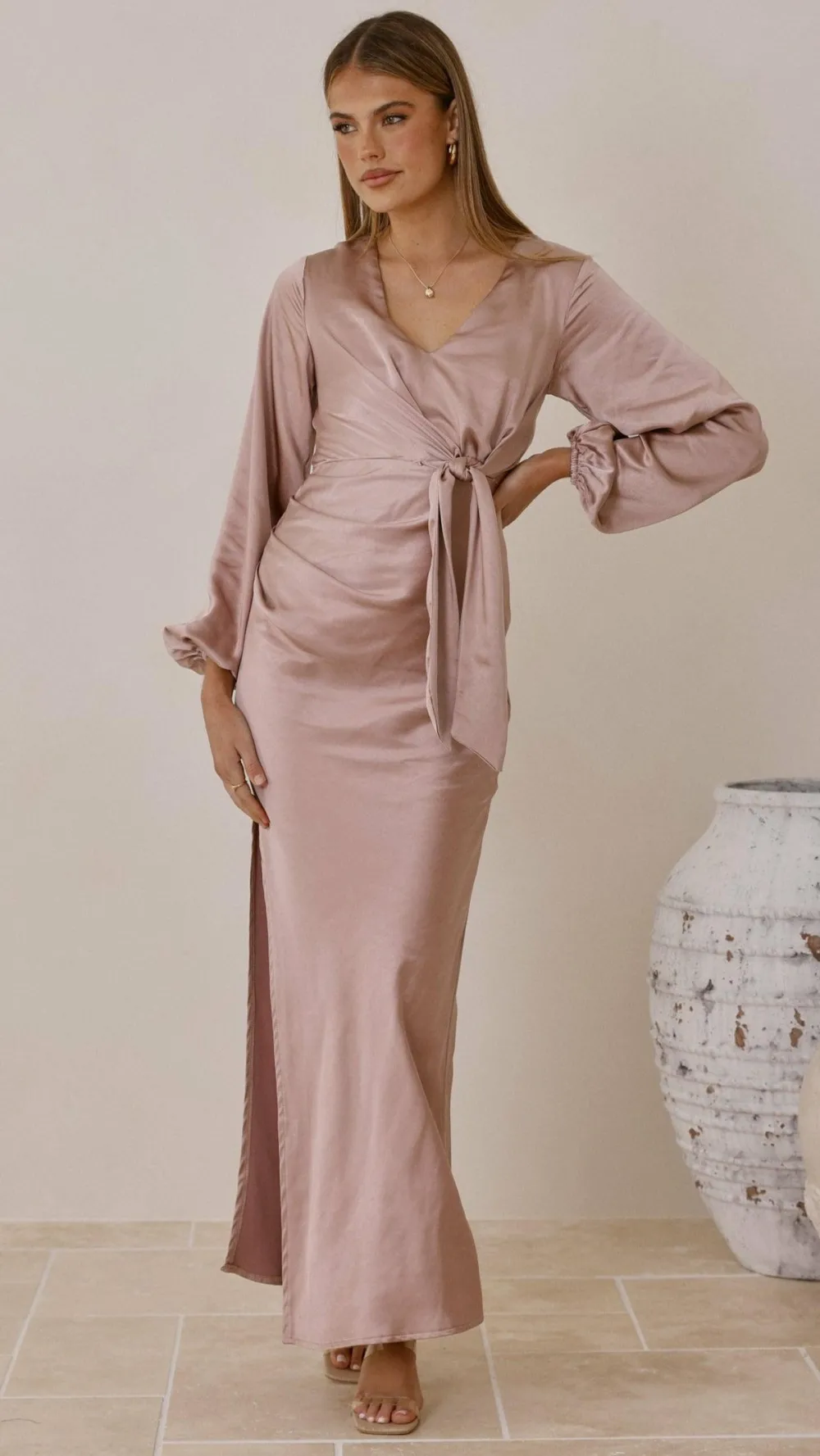 LILYWHYT Mon Cheri|Dresses^Ivy Long Sleeve Tie Front Maxi Dress - Dusty Pink
