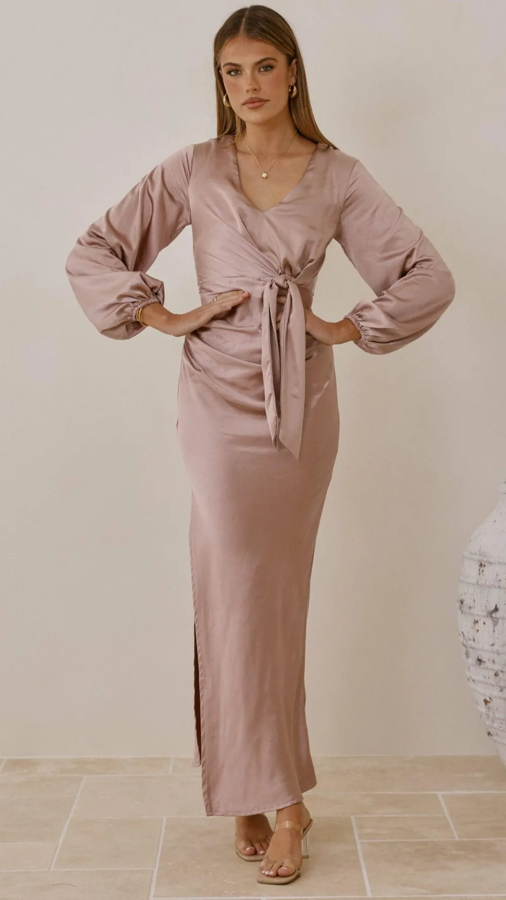 LILYWHYT Mon Cheri|Dresses^Ivy Long Sleeve Tie Front Maxi Dress - Dusty Pink