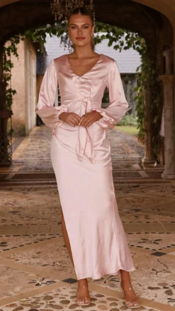 LILYWHYT Mon Cheri|Dresses^Ivy Long Sleeve Tie Front Maxi Dress - Pink