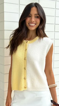 LILYWHYT Knit Tops|Knitwear^Keisha Knit Button Up Vest - Butter/White