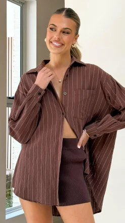By Frankie Sets|Tops^Kloa Button Up Top - Brown Pinstripe