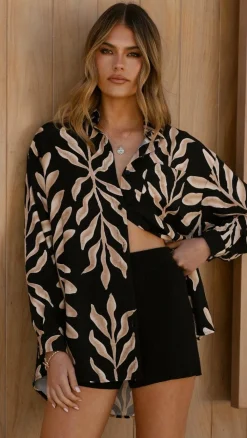 By Frankie Tops^Koa Button Up Top - Black/Tan Print