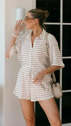By Frankie Sets|Bottoms^Lacole Button Up Shirt and Shorts Set - White / Beige Stripe