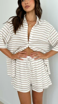 By Frankie Sets|Bottoms^Lacole Button Up Shirt and Shorts Set - White / Beige Stripe