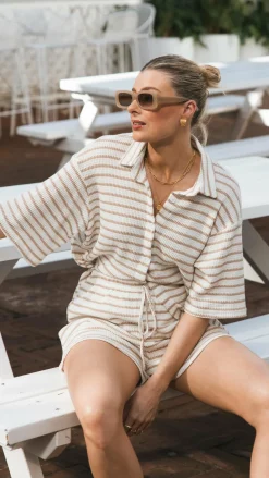 By Frankie Sets|Bottoms^Lacole Button Up Shirt and Shorts Set - White / Beige Stripe