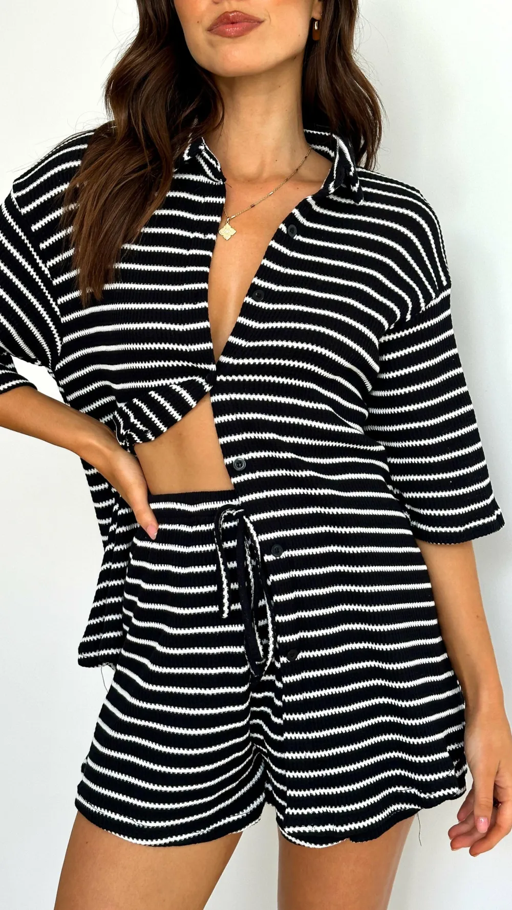 By Frankie Sets|Bottoms^Lacole Button Up Shirt and Shorts Set - Black / White Stripe