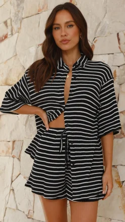 By Frankie Sets|Bottoms^Lacole Button Up Shirt and Shorts Set - Black / White Stripe