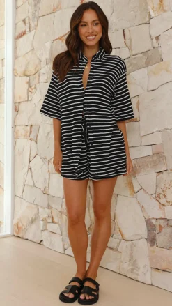 By Frankie Sets|Bottoms^Lacole Button Up Shirt and Shorts Set - Black / White Stripe