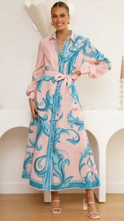 Bubblegum Dresses|Maxi^Lucia Long Sleeve Maxi Dress - Aqua/Pink Print