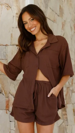 By Frankie Sets|Tops^Machiko Button Up Shirt and Shorts Set - Brown Waffle Knit