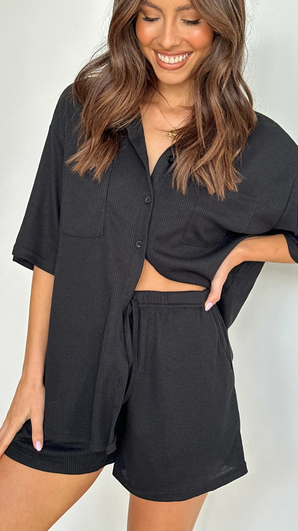 By Frankie Sets|Bottoms^Machiko Button Up Shirt and Shorts Set - Black Waffle Knit