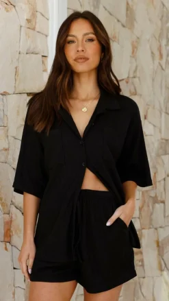 By Frankie Sets|Bottoms^Machiko Button Up Shirt and Shorts Set - Black Waffle Knit