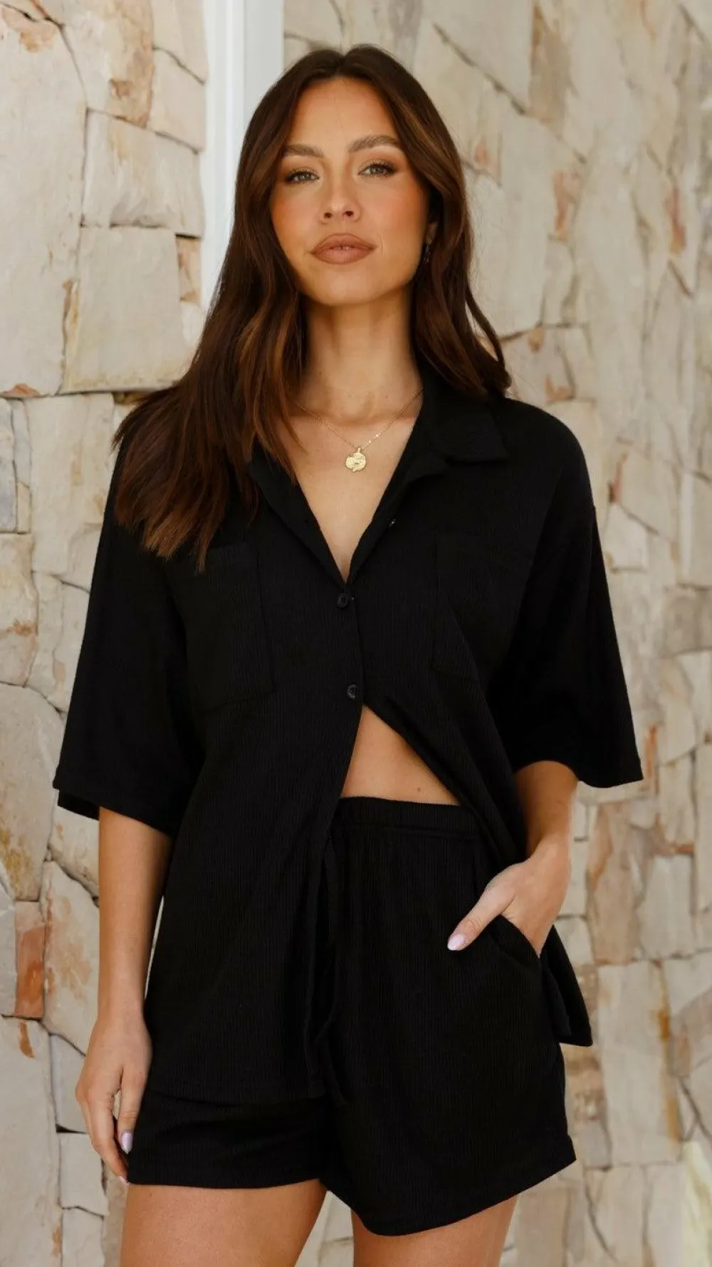 By Frankie Sets|Bottoms^Machiko Button Up Shirt and Shorts Set - Black Waffle Knit