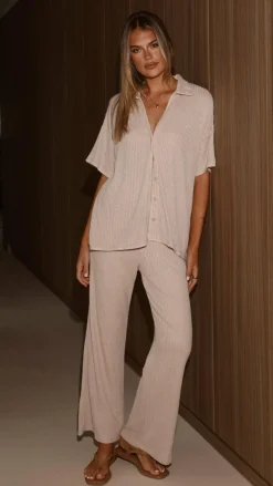 By Frankie Knit Tops|Knitwear^Madian Button Up Shirt and Pants Set - Taupe