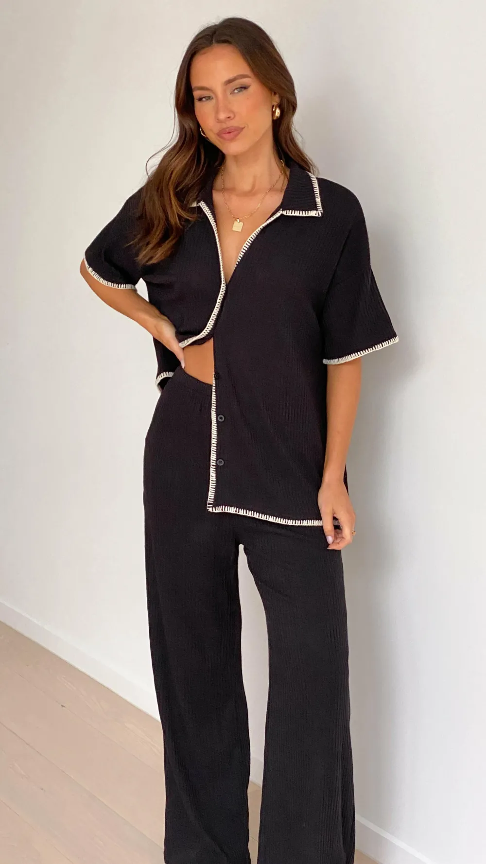 By Frankie Sets|Bottoms^Madian Button Up Shirt and Pants Set - Black
