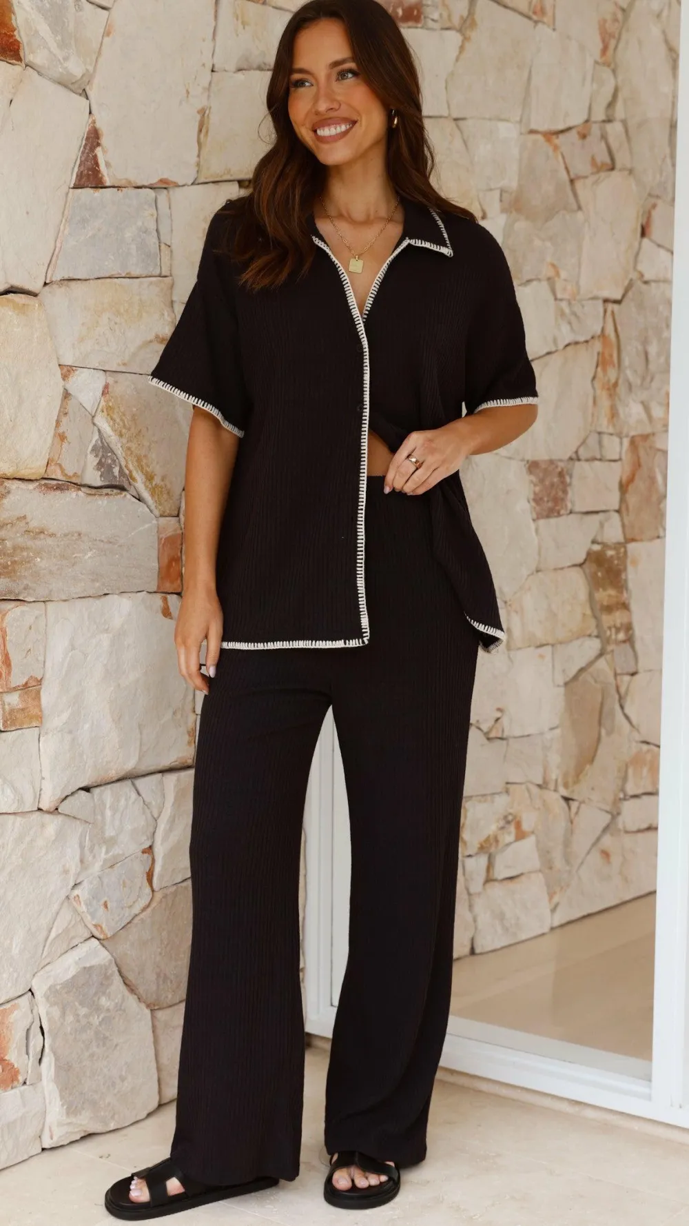 By Frankie Sets|Bottoms^Madian Button Up Shirt and Pants Set - Black