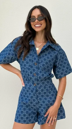 LILYWHYT The Denim Edit|Playsuits^Nella Playsuit - Printed Blue Denim