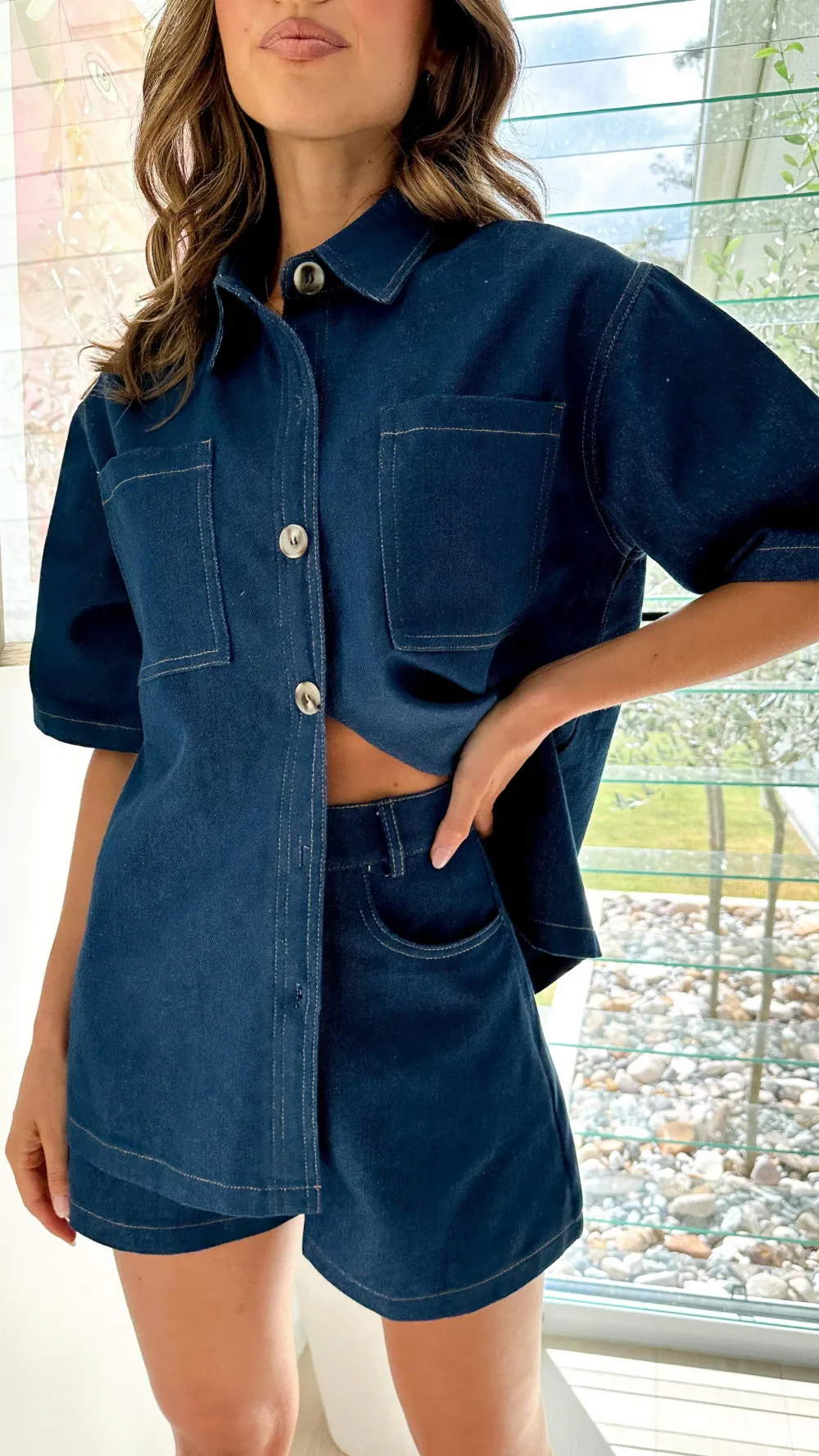By Frankie The Denim Edit|Sets^Olivia Shirt and Shorts Set - Dark Denim