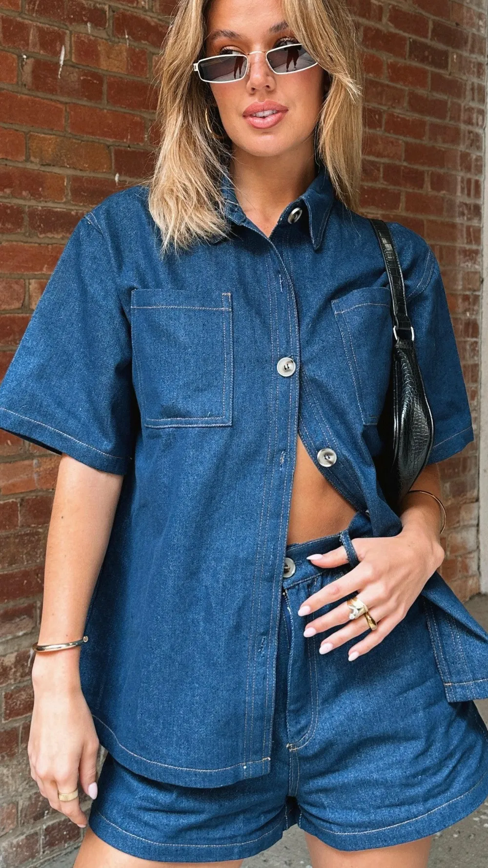 By Frankie The Denim Edit|Sets^Olivia Shirt and Shorts Set - Dark Denim