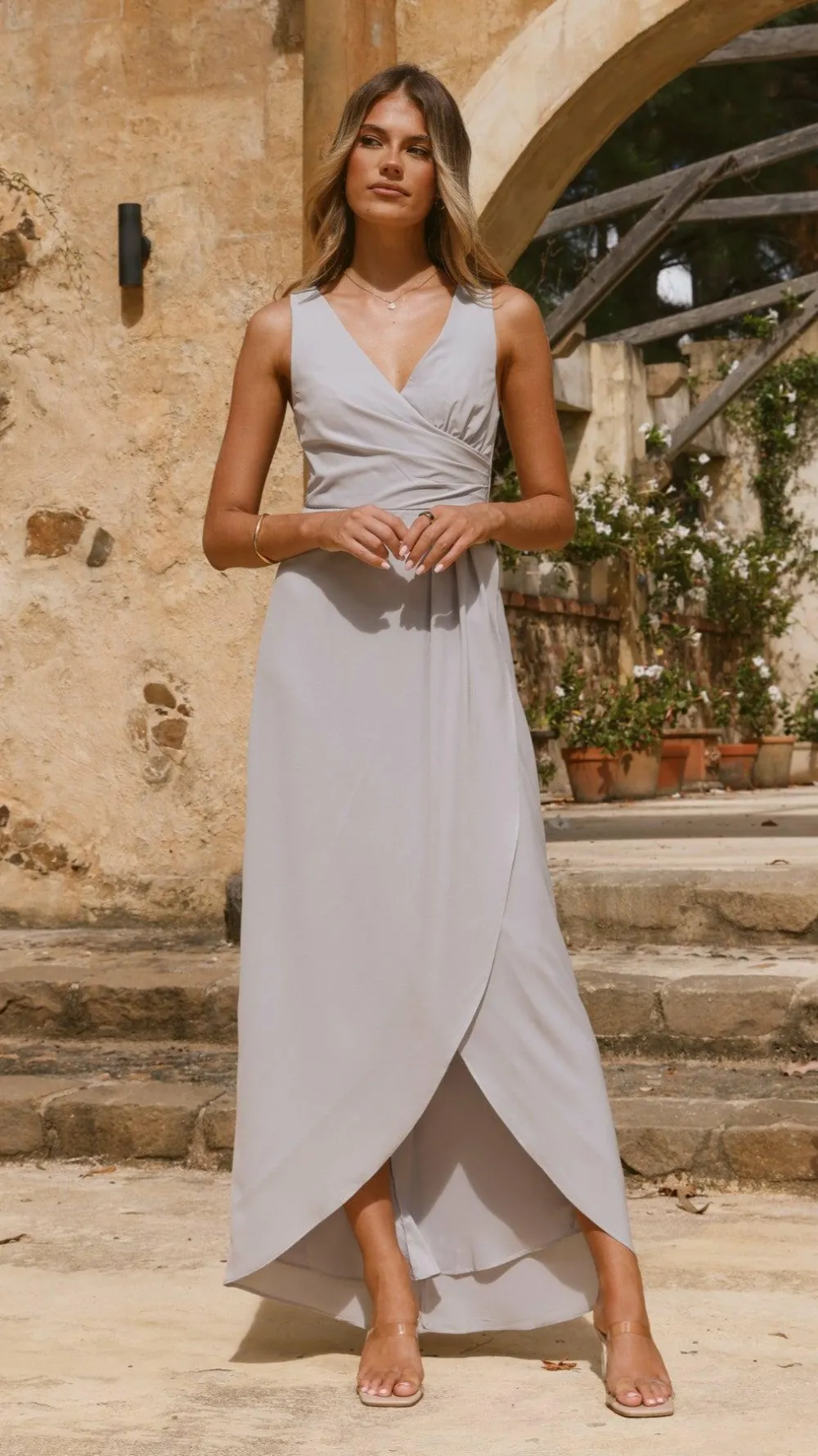 LILYWHYT Sale Evening|Sale Dresses^Pamela V Neck Maxi Dress - Silver