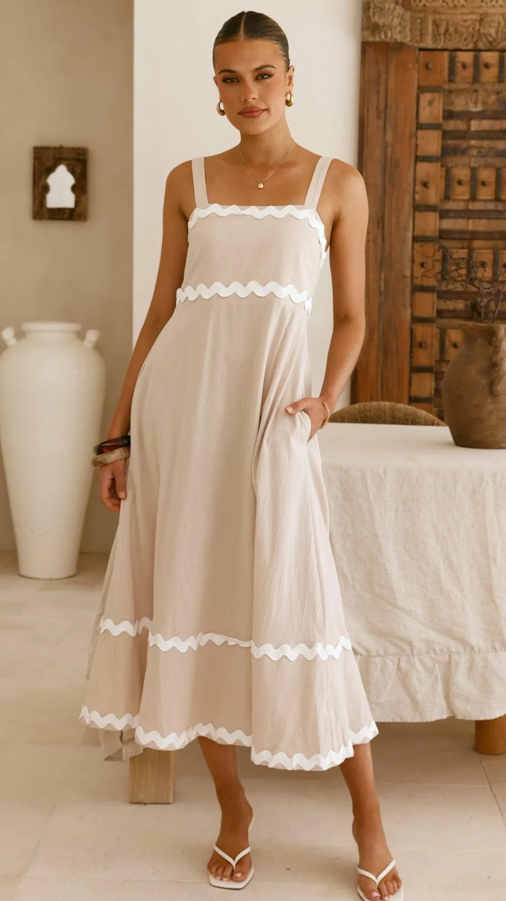 Miracle Fashion Dresses|Maxi^Raelynn Midi Dress - Beige/White