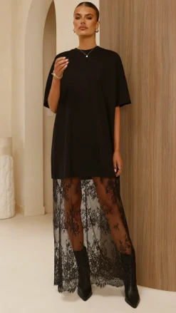 By Frankie Dresses|Maxi^Raina T-Shirt Maxi Dress - Black Lace