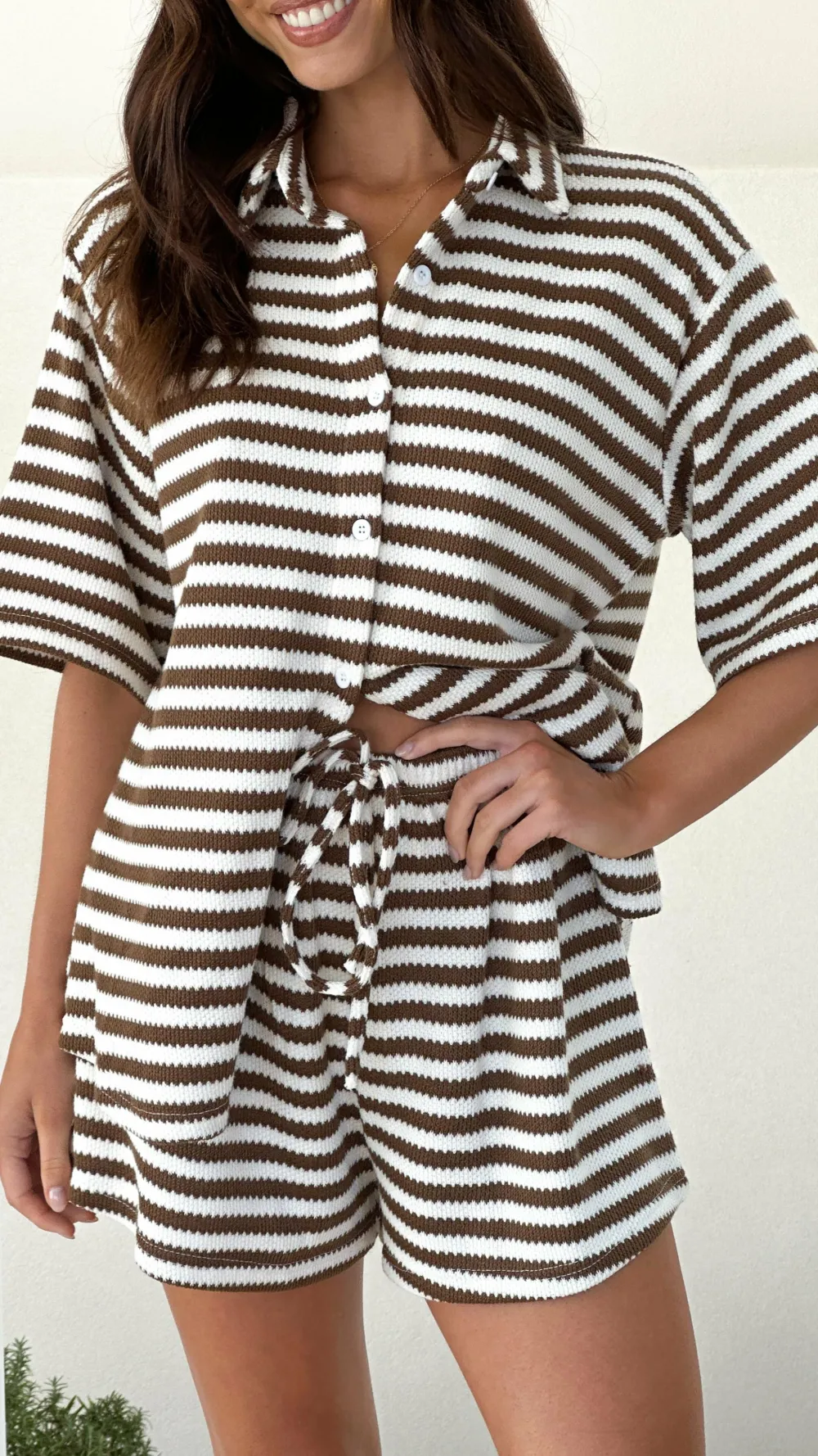 By Frankie Sets|Bottoms^Romi Shirt and Shorts Set - Brown Stripe