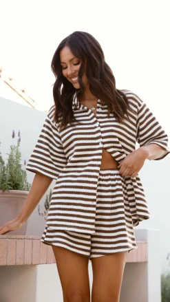 By Frankie Sets|Bottoms^Romi Shirt and Shorts Set - Brown Stripe