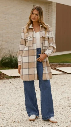 Iris Maxi Jackets|Outerwear^Saskia Jacket - Beige/Cream Check