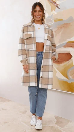 Iris Maxi Jackets|Outerwear^Saskia Jacket - Beige/Cream Check