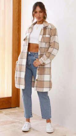 Iris Maxi Jackets|Outerwear^Saskia Jacket - Beige/Cream Check