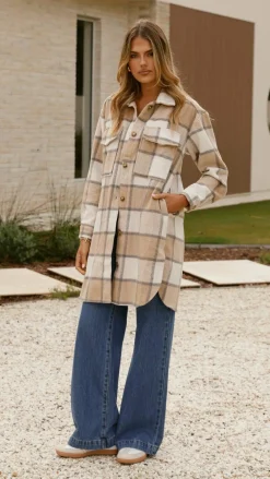 Iris Maxi Jackets|Outerwear^Saskia Jacket - Beige/Cream Check