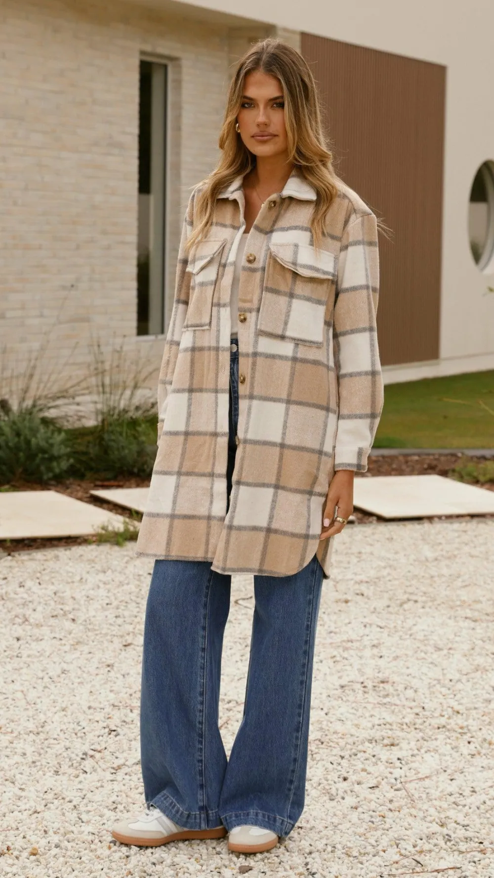 Iris Maxi Jackets|Outerwear^Saskia Jacket - Beige/Cream Check