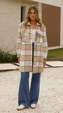Iris Maxi Jackets|Outerwear^Saskia Jacket - Beige/Cream Check